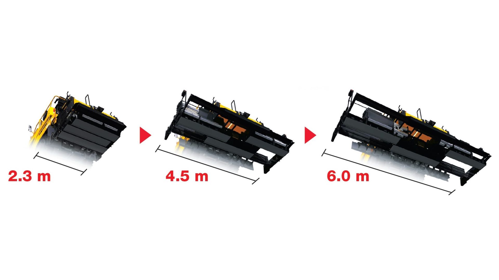 Il rasatore J-Paver passa da 2,30 a 6,00 metri di larghezza in modo continuo e senza interventi manuali di sorta.