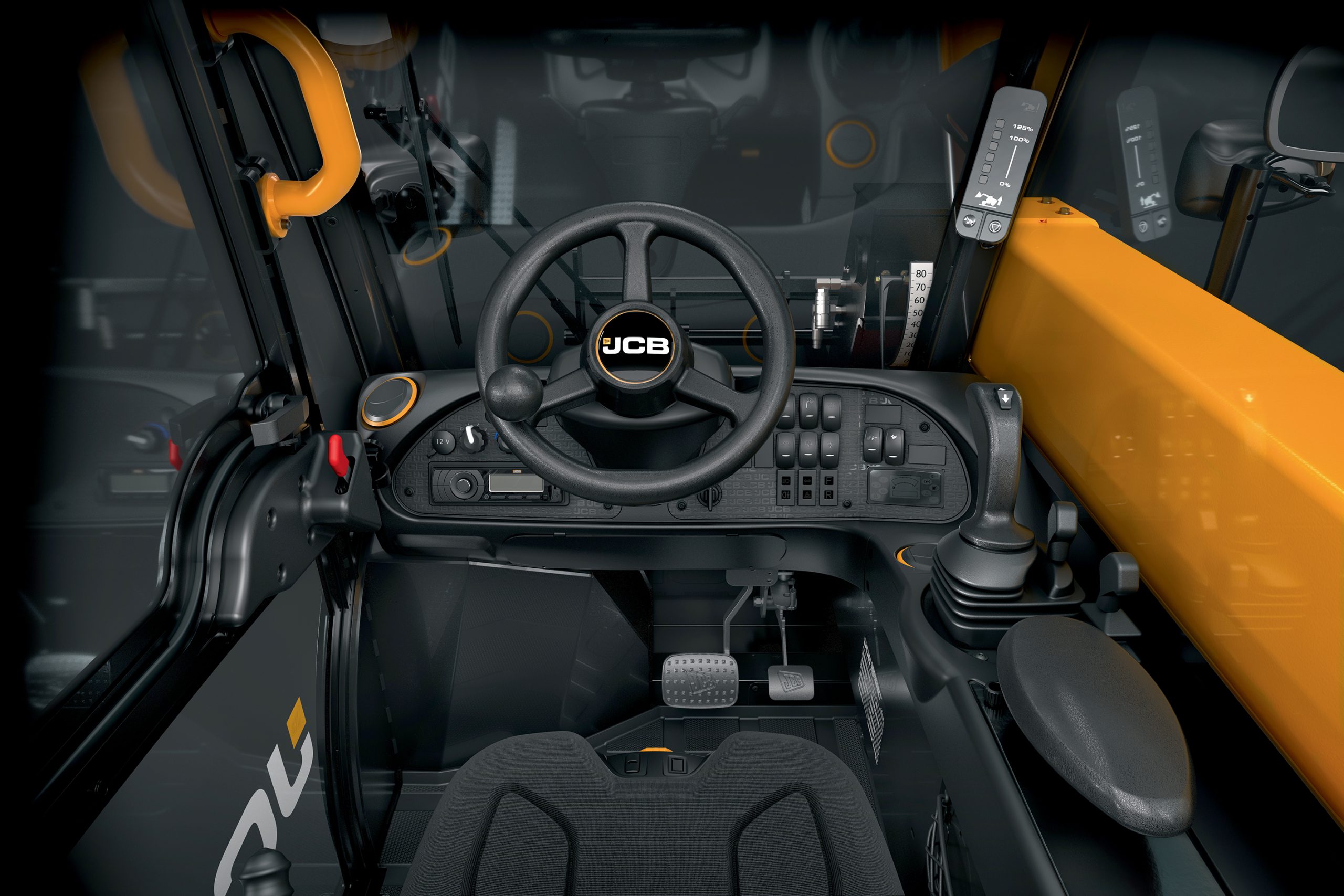 JCB ha curato in modo attento l'ergonomia della cabina di guida