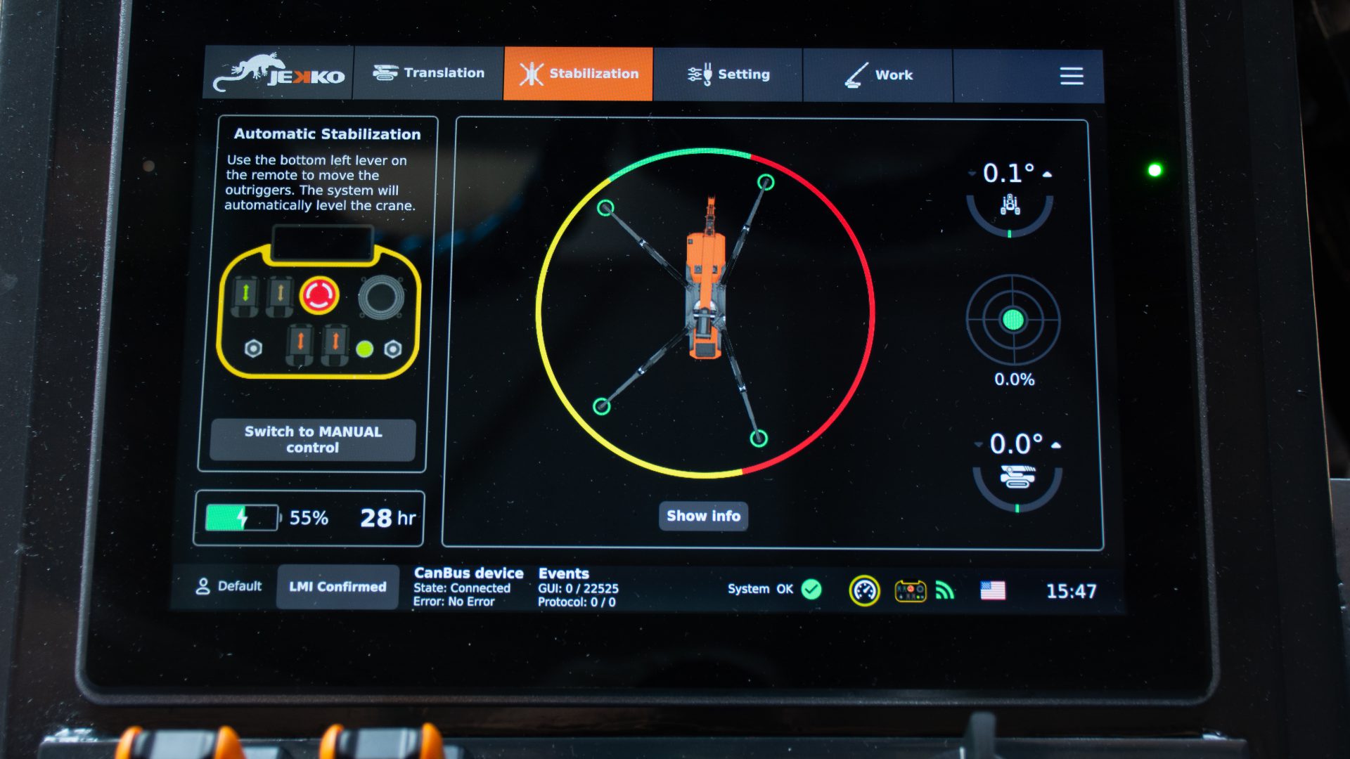 Il display della Jekko SPX 328 guida l'operatore nella stabilizzazione