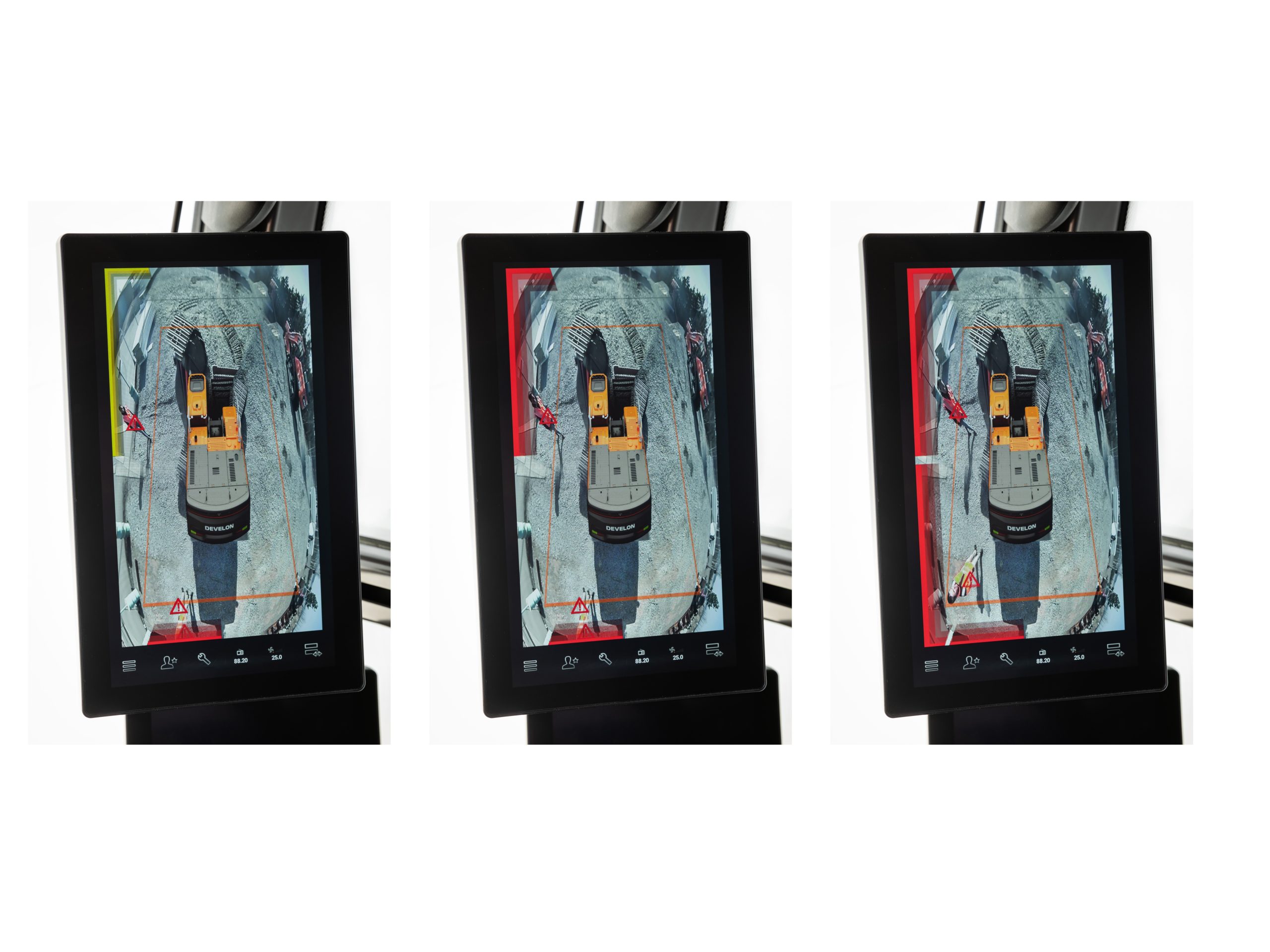 Develon ha chiaramente indicato le zone di avviso di pericolo tramite monitor in cabina