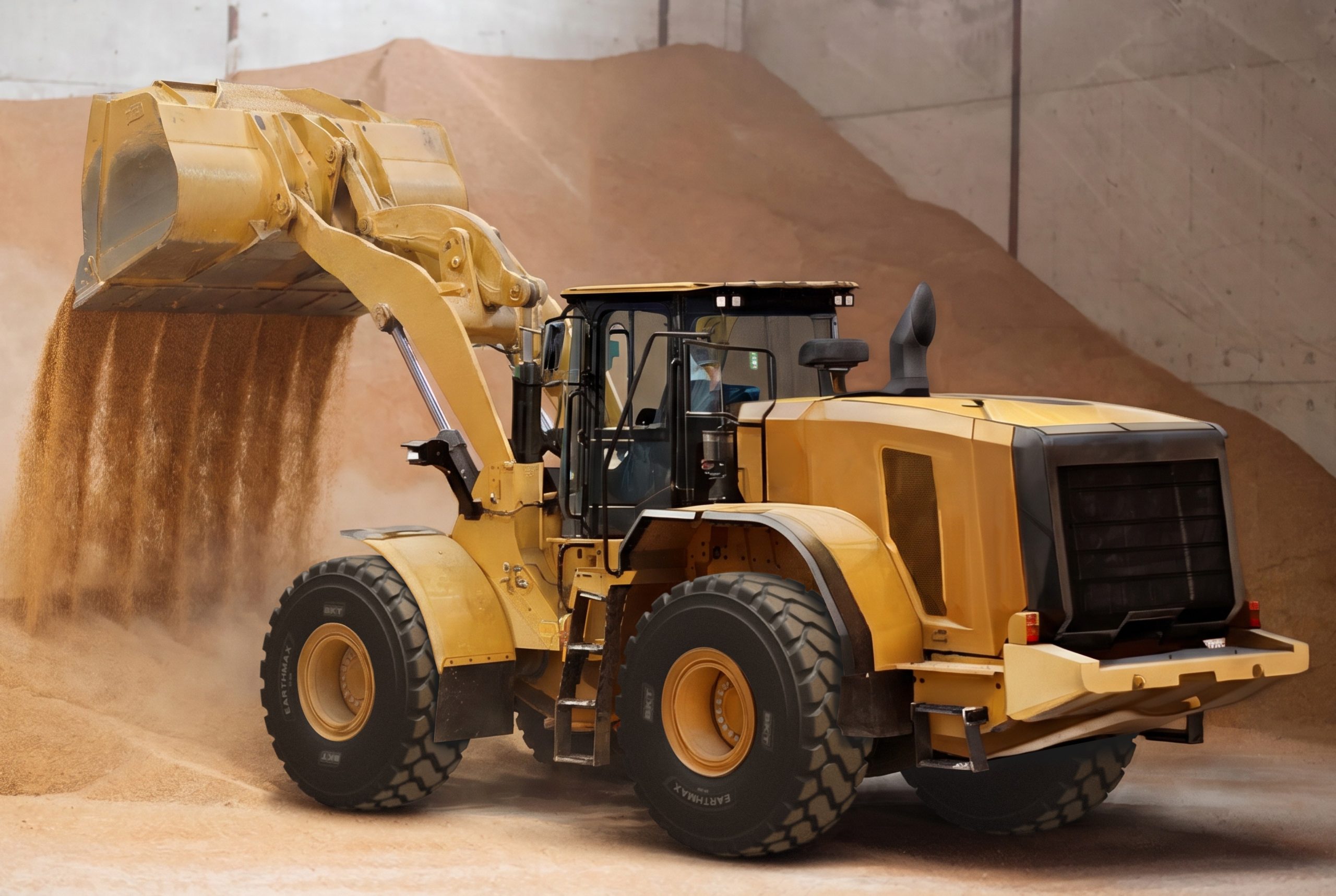 Pala gommata in azione con pneumatici BKT EARTHMAX SR 30 M, progettati per garantire trazione ed efficienza superiori nelle impegnative operazioni di movimentazione materiali.