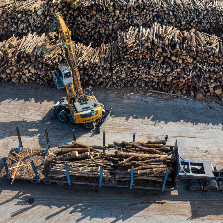 La macchina per la movimentazione del legname LIEBHERR LH 50 M Timber Litronic carica i tronchi consegnati.