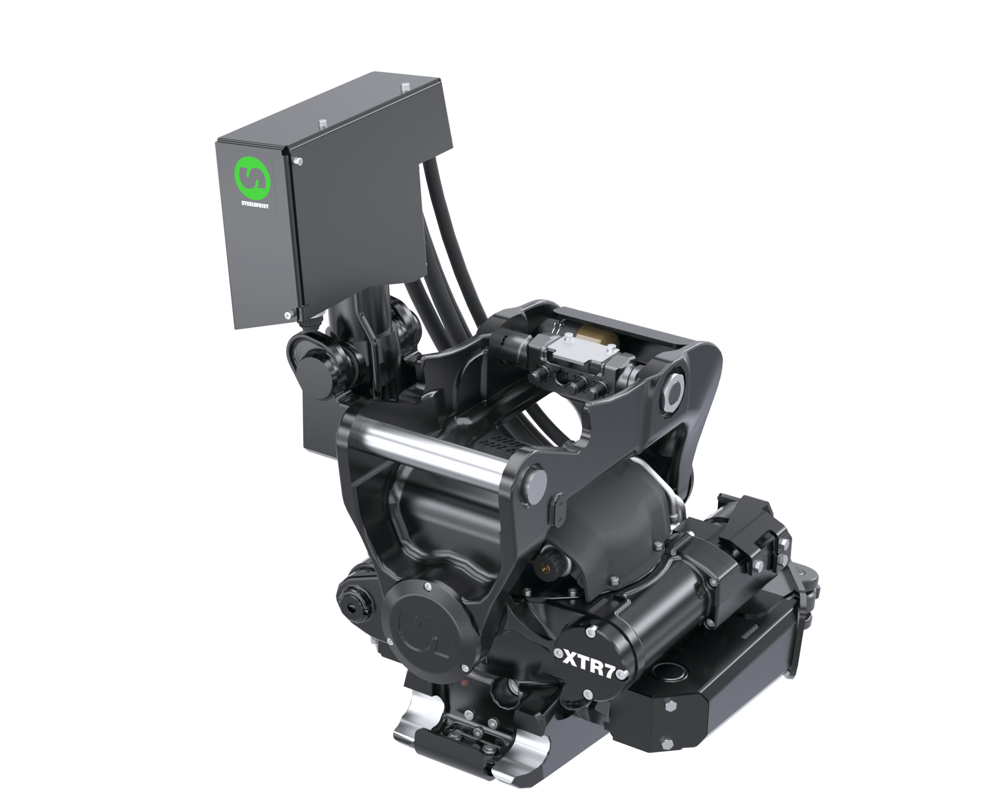 Il nuovo tiltrotator Steelwrist XTR7 per escavatori da 4 a 7 tonnellate, equipaggiato con tecnologia di attacco rapido completamente automatico SQ40 e sistema di sicurezza Front Pin Hook.