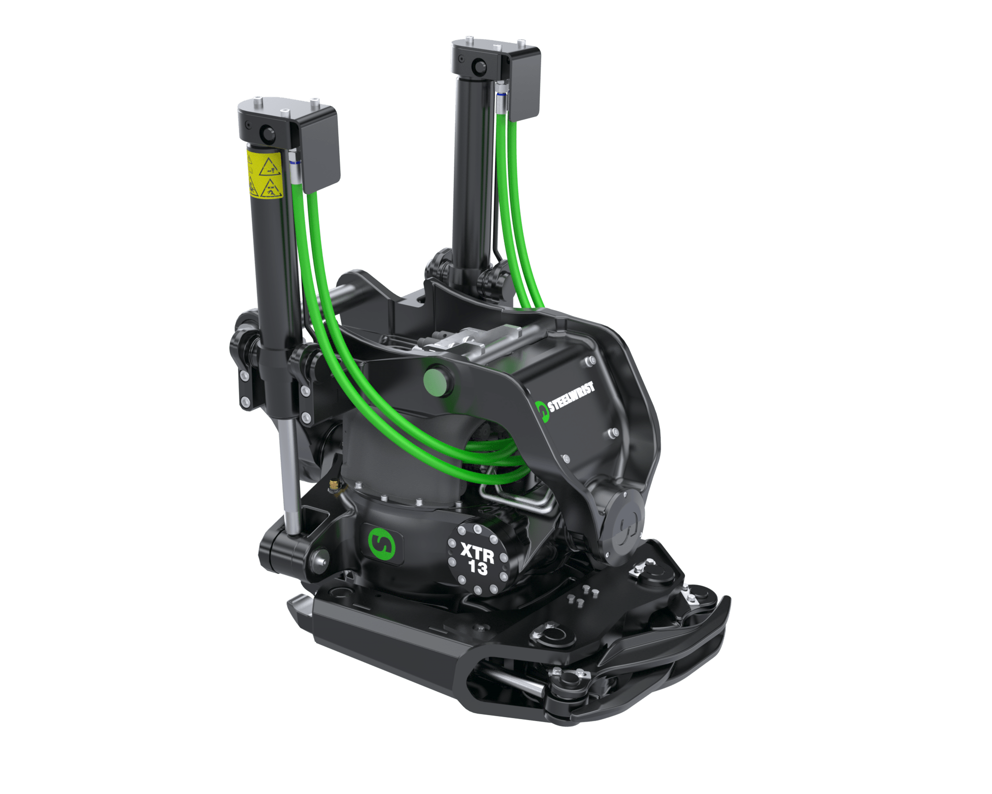 Il tiltrotator di terza generazione Steelwrist XTR13 per escavatori compatti e medi, dotato di tecnologia di sicurezza avanzata LockSense e compatibile con attacchi rapidi automatici SQ.