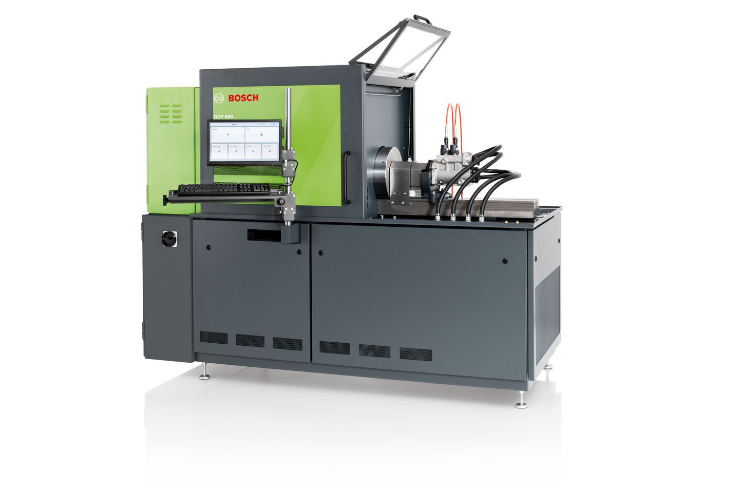 BOSCH DCP 800 in funzione con lo scomparto aperto, progettato per testare pompe ad alta pressione common-rail con flussi di lavoro rapidi ed efficienti in officina.