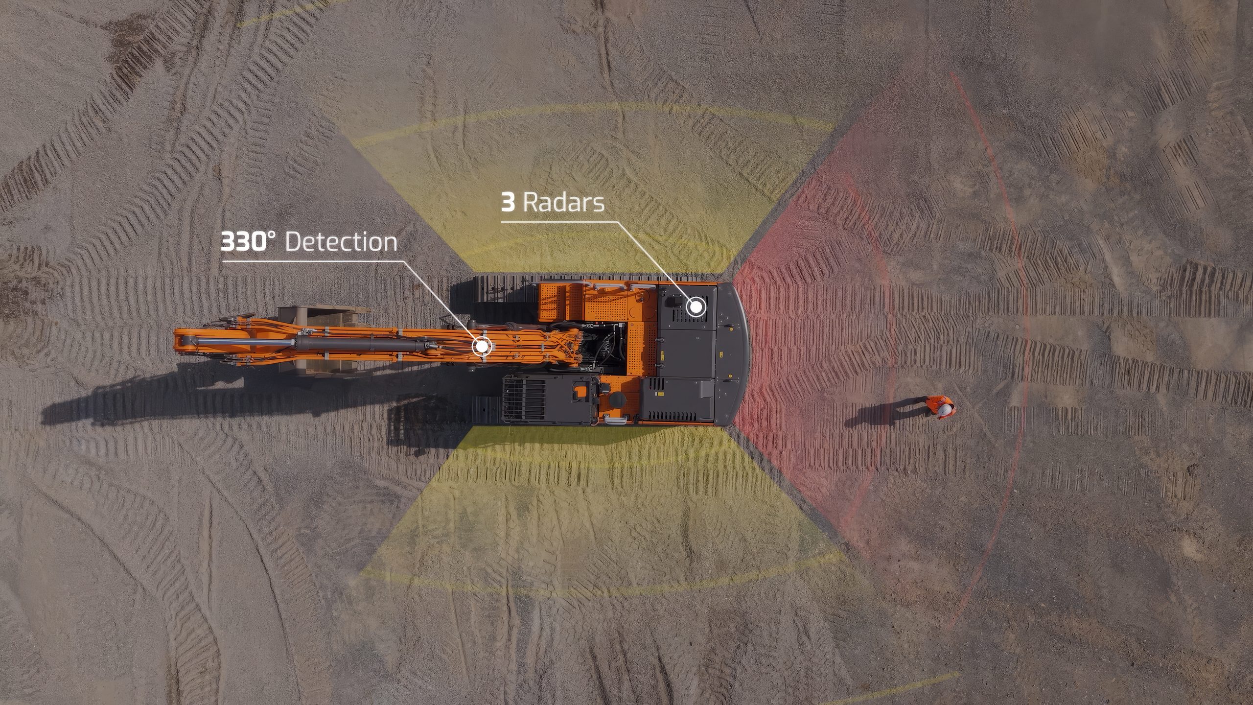 Il sistema E-Stop di Develon combina telecamere, radar e tecnologia AI per un rilevamento dei pericoli di livello superiore.